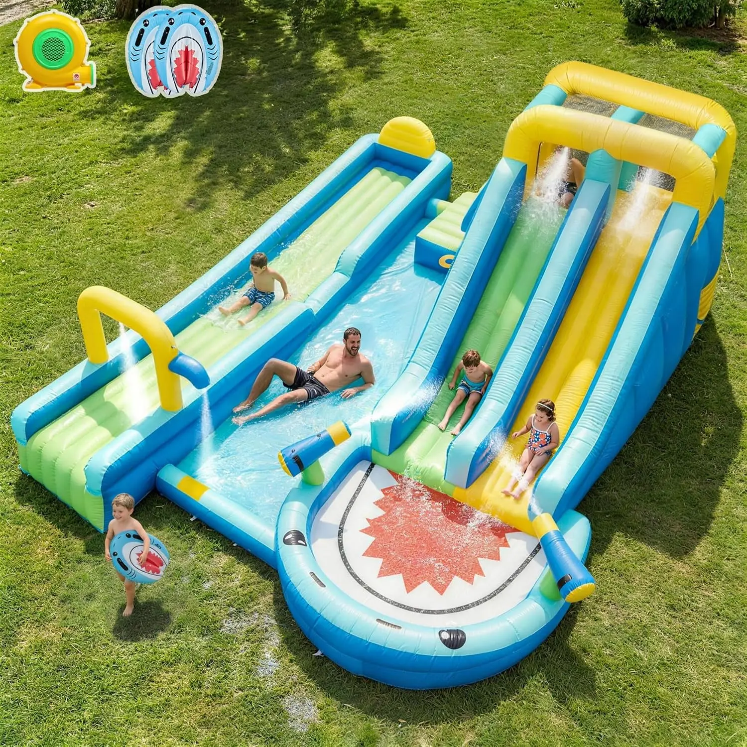 Inflatable Water Slide with Shark Theme, Extra-Long Sliding Lane, Designed for Big Kids