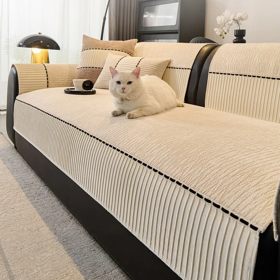Weaving Solid Chenille with Shiny Contrast Hem Anti-Slip Sofa Towel, for Living Room Couch Seat Cover All Seasons Decor