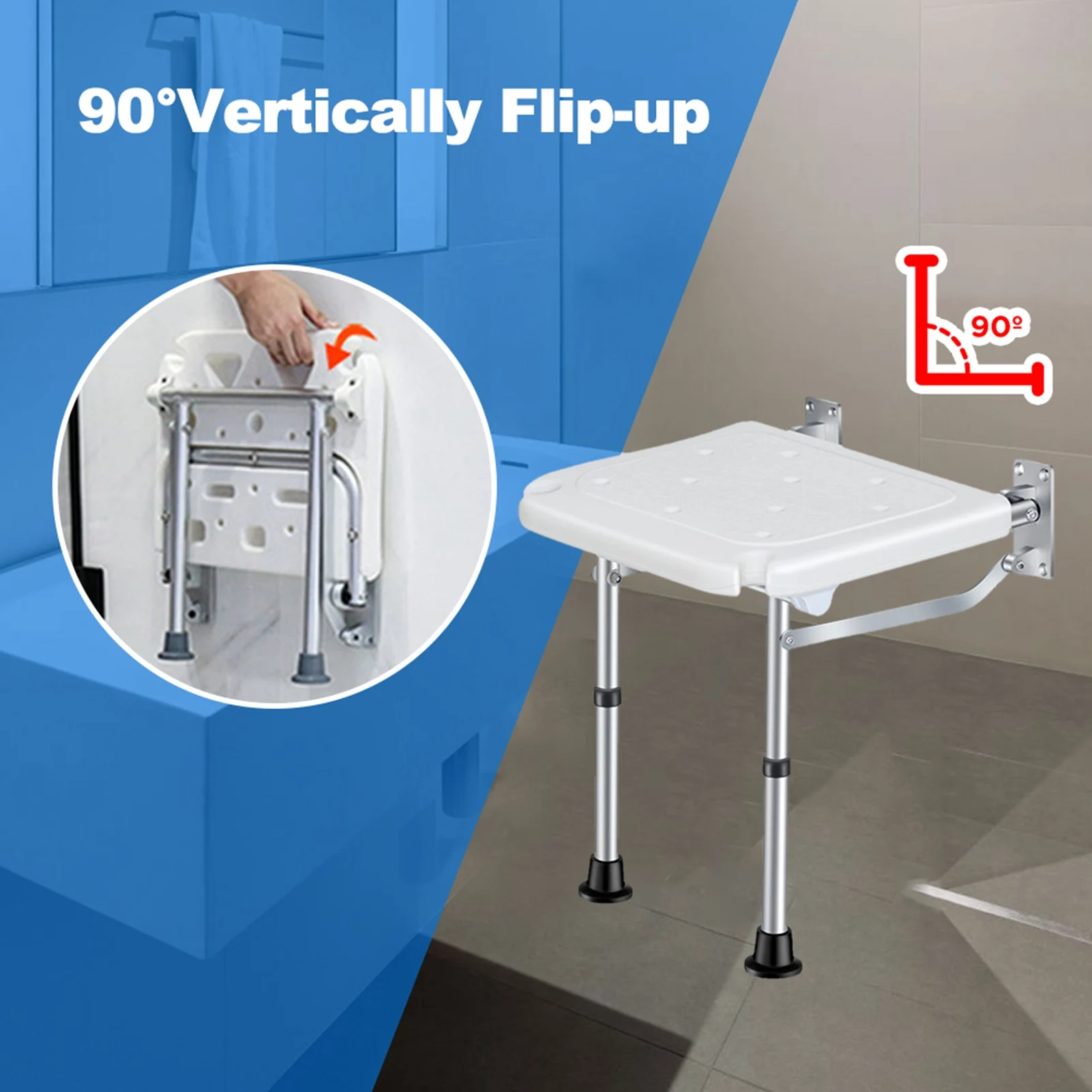 Folding Shower Bench Wall Mounted Flip-up Bath Seat Screw-in Bathroom Chair Stool with Non-slip Feet Drainage Holes Shower