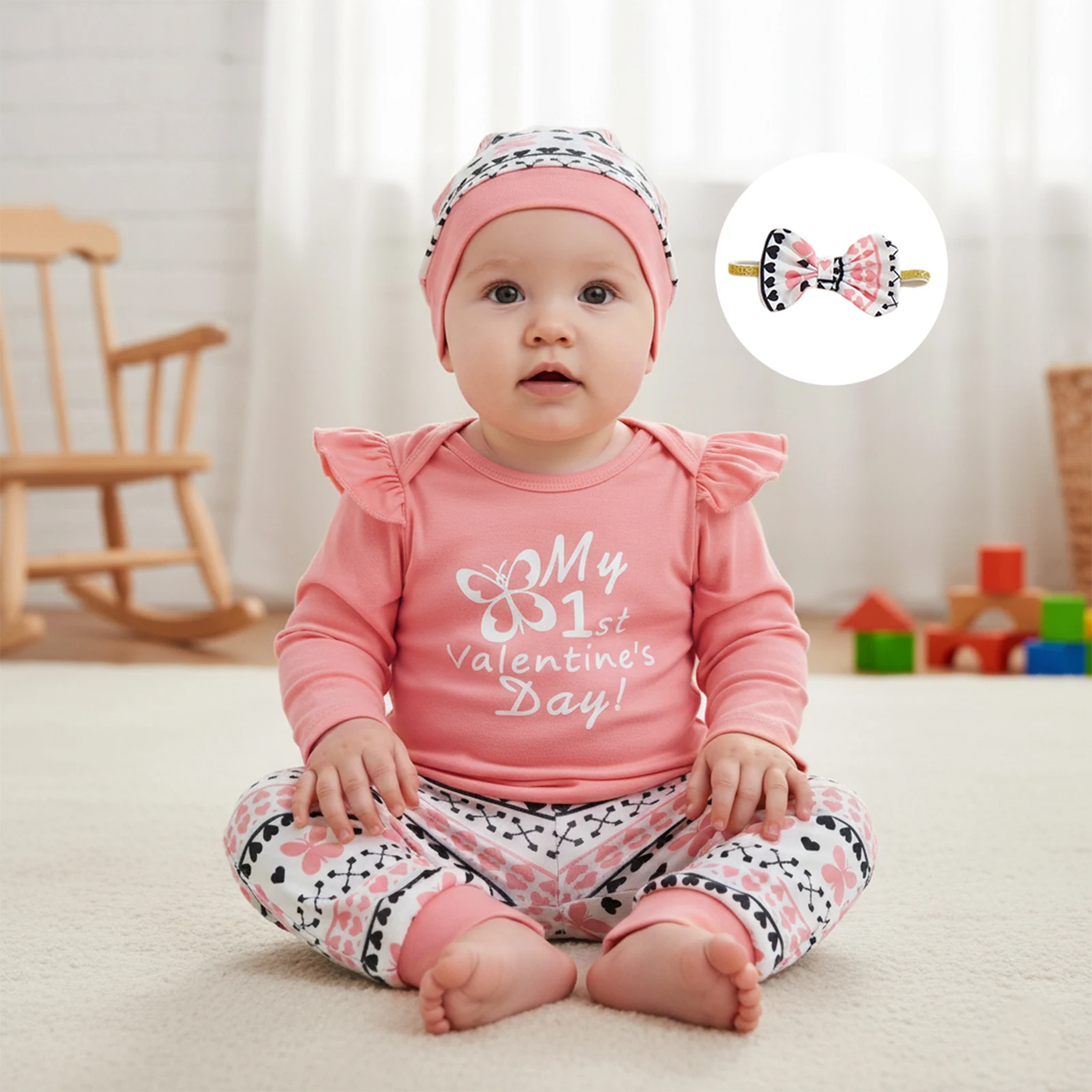 Baby Girl Valentines Day Outfits Infant Letter Print Long Sleeve Bodysuit Butterfly Pants Bow Headband Hat 4 Pcs Set