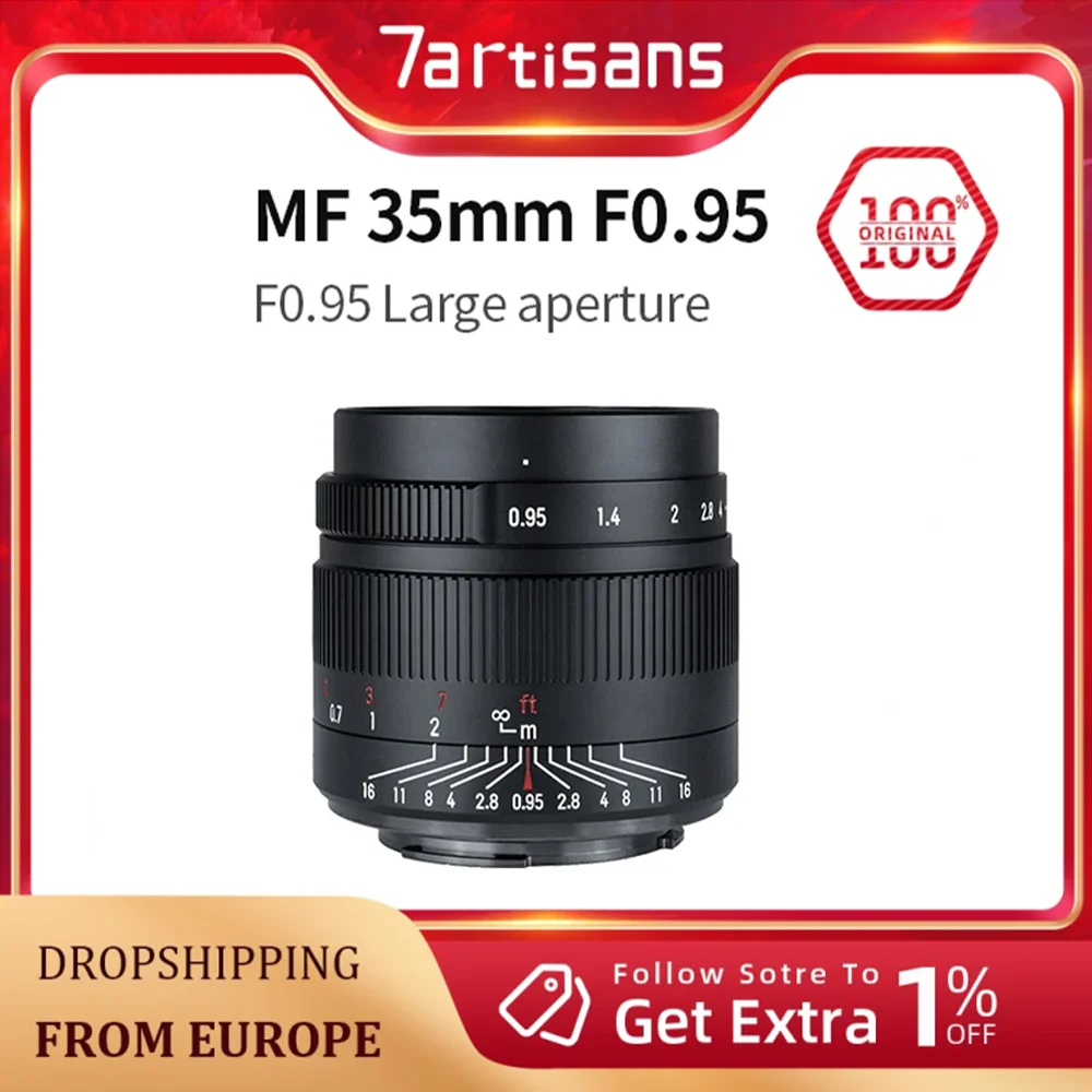 7artisans 35mm F0.95 Large Aperture Portrait Lens For Sony E ZVE10 Fuji FX Canon EF-M M50 Canon RF R50 Nikon Z Z5 Z9 Micro 4/3