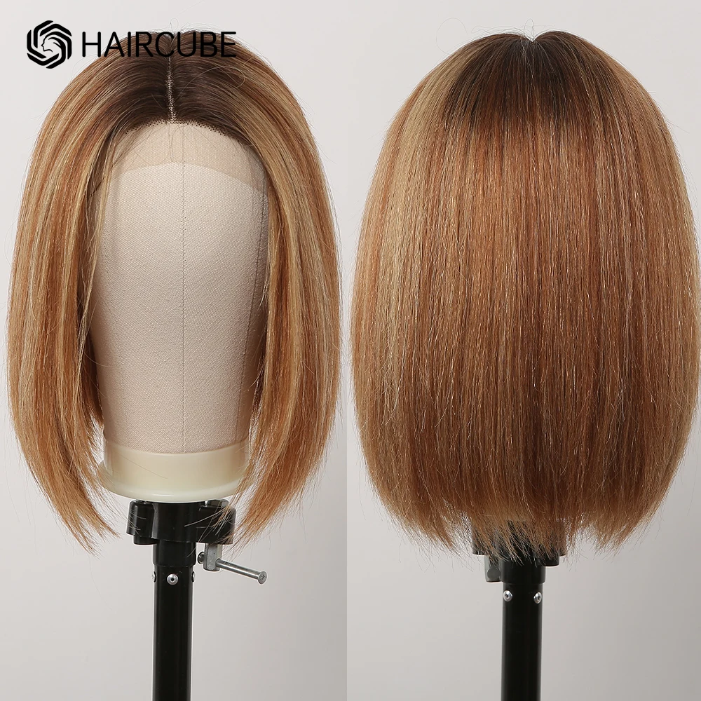 

HAIRCUBE медово-коричневые парики из человеческих волос для женщин, прямые короткие парики с коротким Бобом, парики на сетке спереди, светлые прямые цветные парики 13x1 T