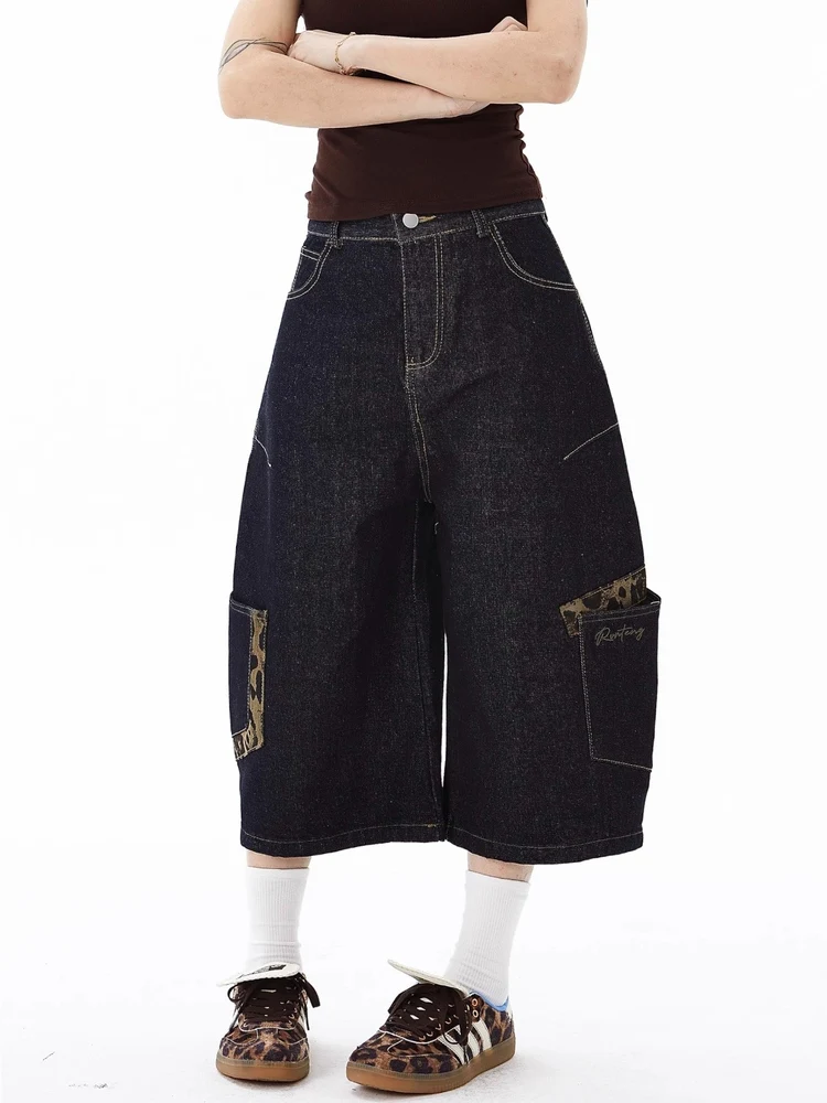 

Ретро американский леопардовый принт в стиле пэчворк, брюки-ножи, мужские и женские свободные широкие брюки в стиле хип-хоп, рабочая одежда, джинсы на семь футов