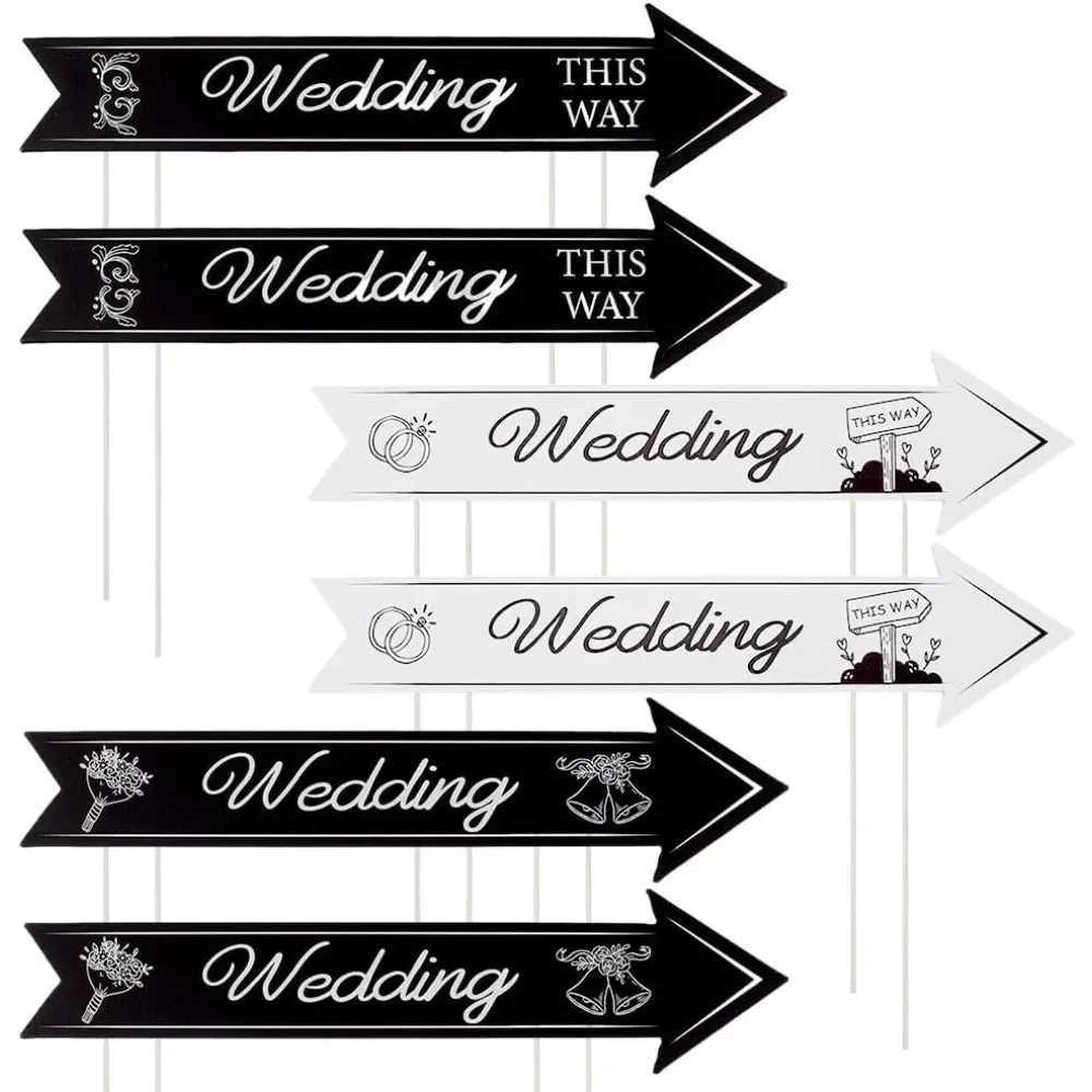 

6 Sets 3 Styles Wedding Directional Yard Signs with Stakes 15.8x3.9 Inch Black and White Single-side Printed Wedding This
