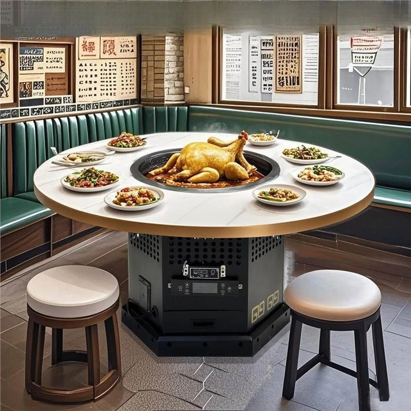 Olla de hierro para estofado, mesa de purificación de pizarra, estufa eléctrica, leña, pavo, mesa redonda comercial, mesa de olla caliente