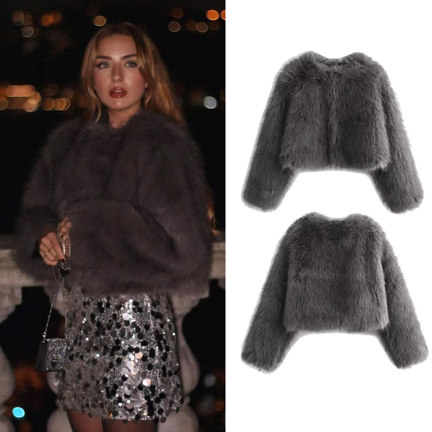 

Women Short Warm Faux Fur Cropped Jacket Coat Female O-Neck Long Sleeve Outwear Lady Autumn Winter Elegant Chic Tops Streetwear