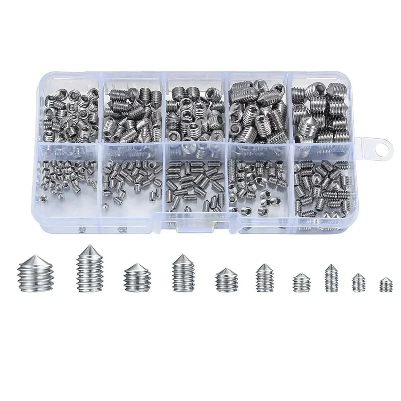 250pcs/Box 304 Allen Screws Hex Hexagon Socket Set Screw Cone Point Grub Screw Tapered End Headless Bolt M3 M4 M5 M6 M8