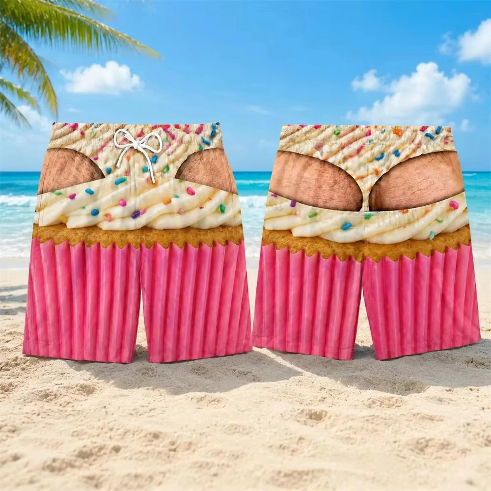 Unisex Delicious Food 3D Print Swim Trunks Drawstring Quick‑Dry Novelty Beach Shorts Funny Prank Summer Party Swim Board Shorts