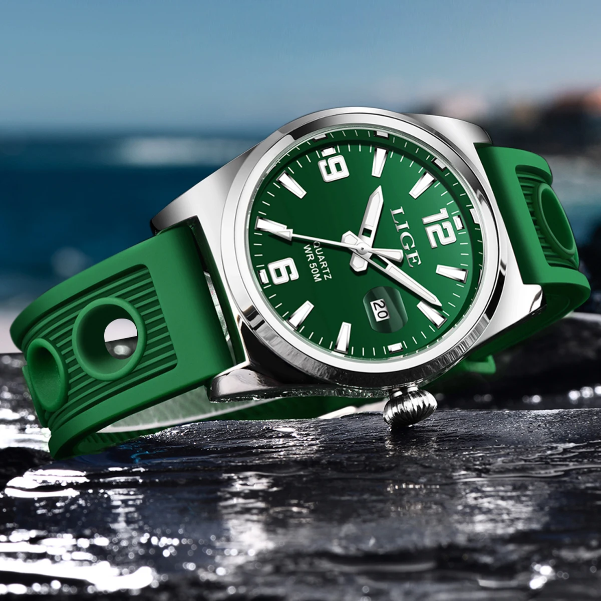Relogio Masculino LIGE New Men Watch Top Brand Luxury Green Silicone Watch For Men Waterproof Luminous Date Quartz Wristwatches