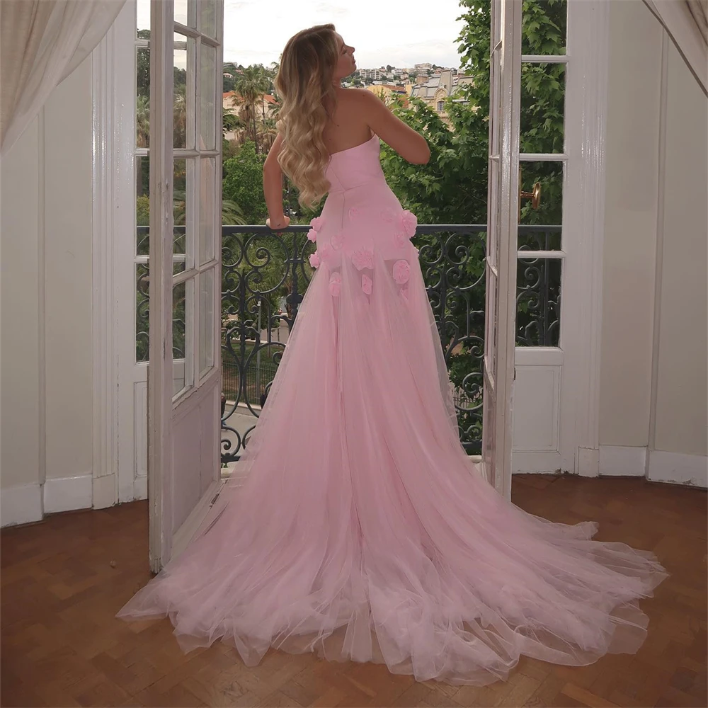 20152# Romantic Strapless 3D Flowers Wedding Dress For Bride Stunning Engagement Party Evening Gown With High Split Customized