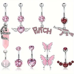 Diamday 1Pc 316L Surgical Stainless Steel 14G Pink CZ Dangle Belly Ring Surgical Stainless Steel Curved Navel Jewelry for Women