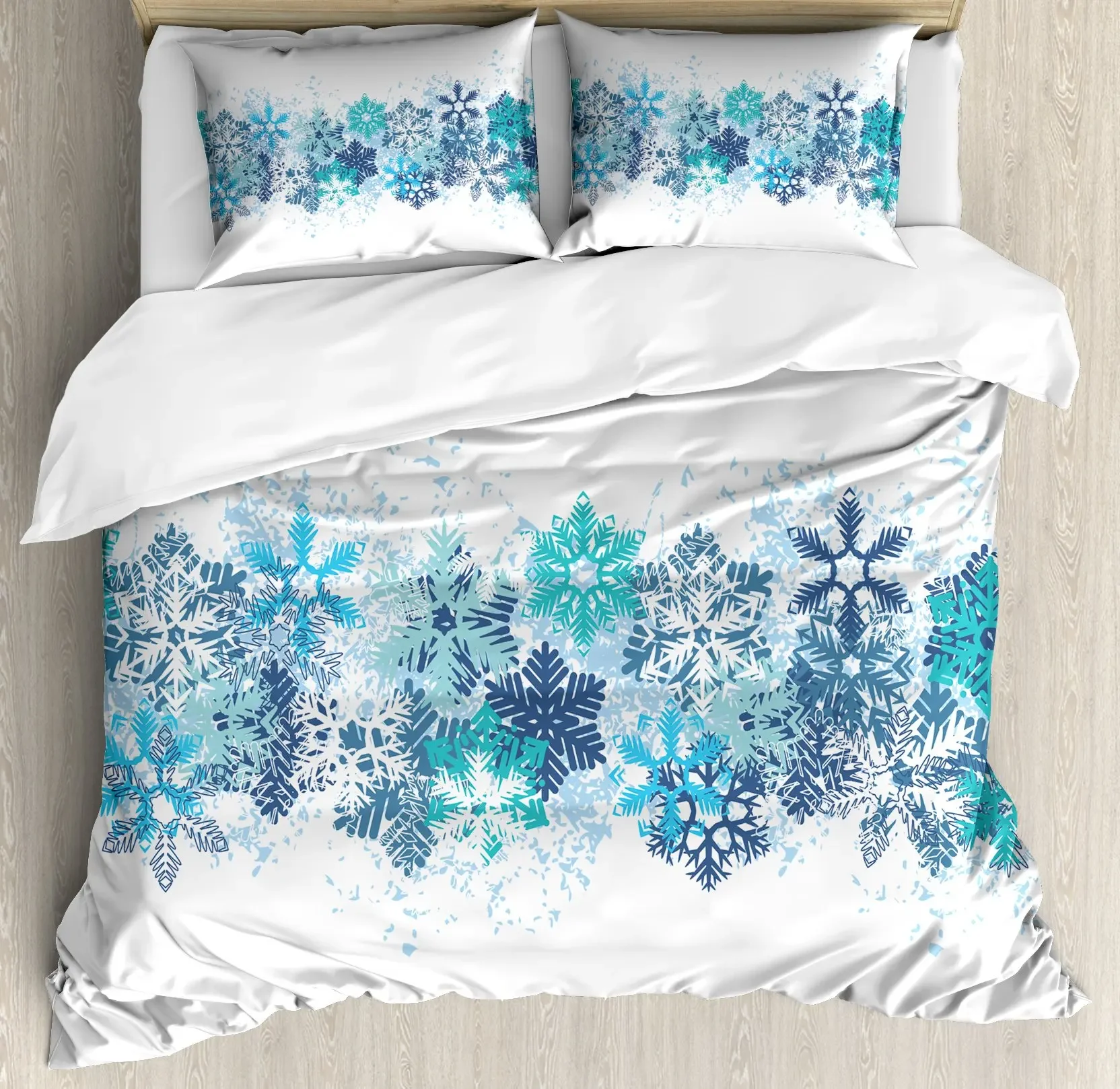 Snowflake Duvet Cover Set, Snow Pattern Winter Decorative 3 Piece Bedding Set with 2 Pillow Shams, King Twin Size Bed Collection