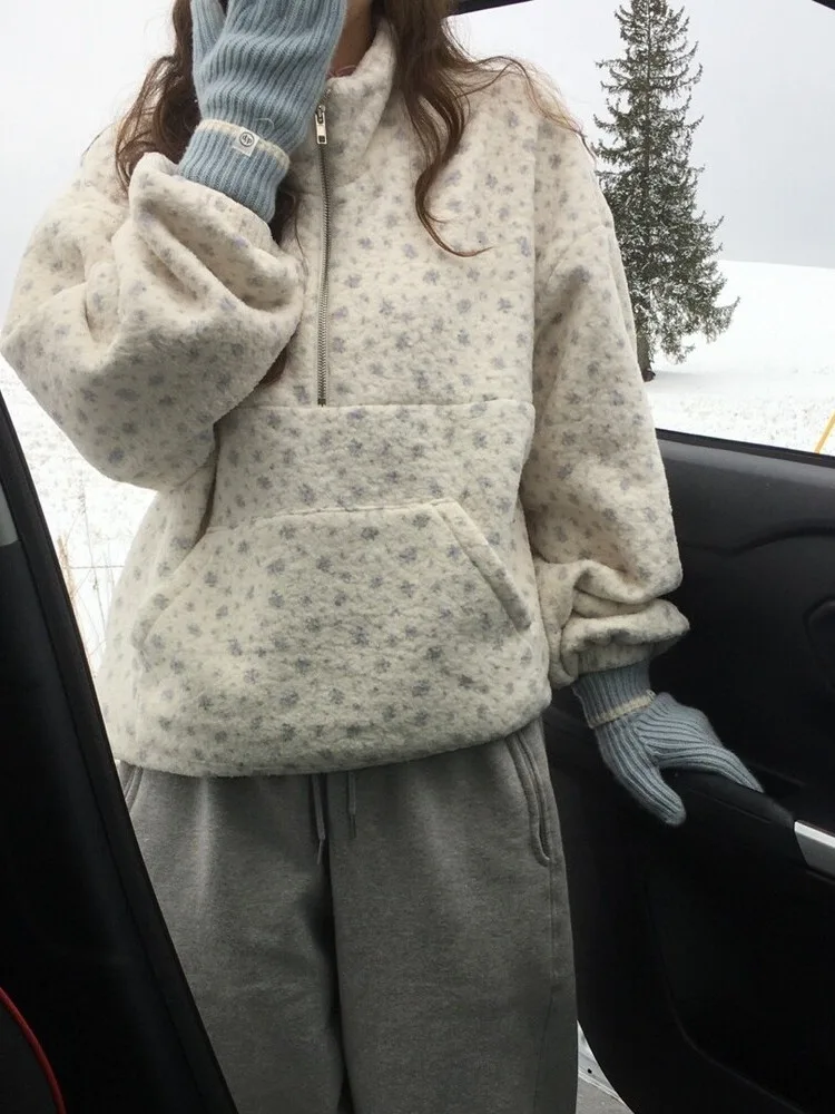 سترة نسائية جديدة للشتاء مبطنة بالصوف، ملابس خارجية حلوة وعصرية بتصميم زهور أنيق، نمط كوري عصري لا يتأثر بالعمر