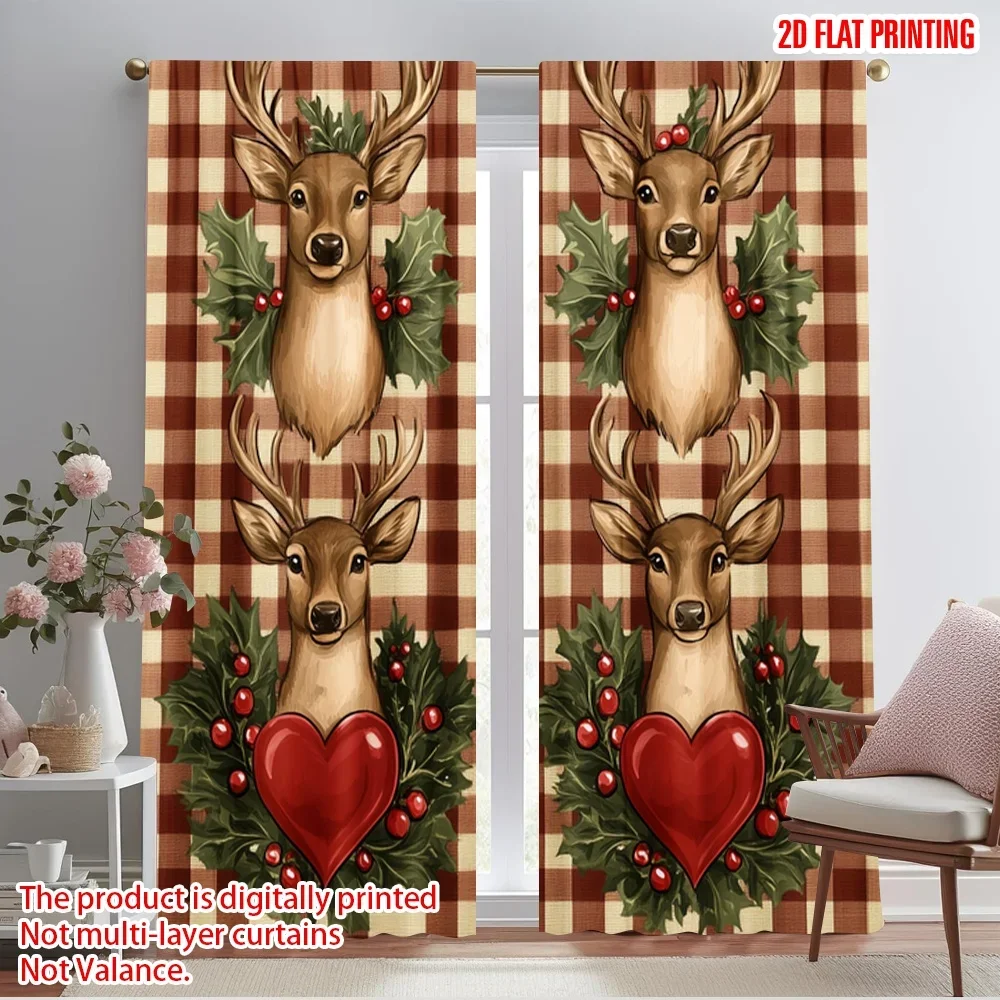 2pcs,2D plane printing Curtain Fabric Deer Heart Holly Gingham Polyester Woven (without rod) Outdoor Decorations Perfect for