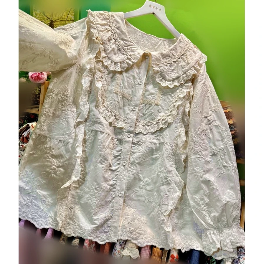 

Осенняя хлопковая кружевная блузка в стиле Лолиты с рюшами, милая кавайная блузка, корейская японская винтажная рубашка в стиле рококо, викторианская рубашка Cottagecore Mori для девочек, топы