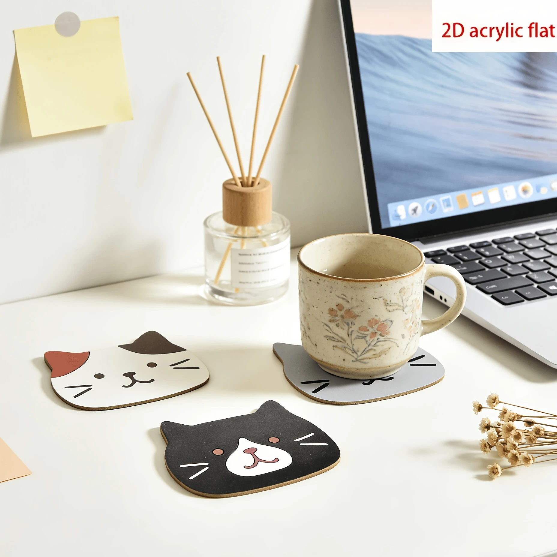 2D Flat Plane,5pcs Wooden Cat Coasters,Cute Cat Face Design,Suitable for Home Living Room,Bedroom Bedside As Tabletop Decoration