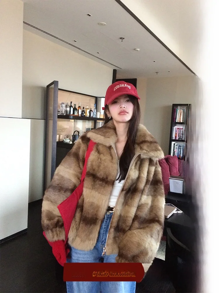 

Dearhua Silk Smooth Latte adient Stripe Rabbit Fur Collar Jaet Women's Winter Faion Casual Sle Long Sve Zipper Clo...