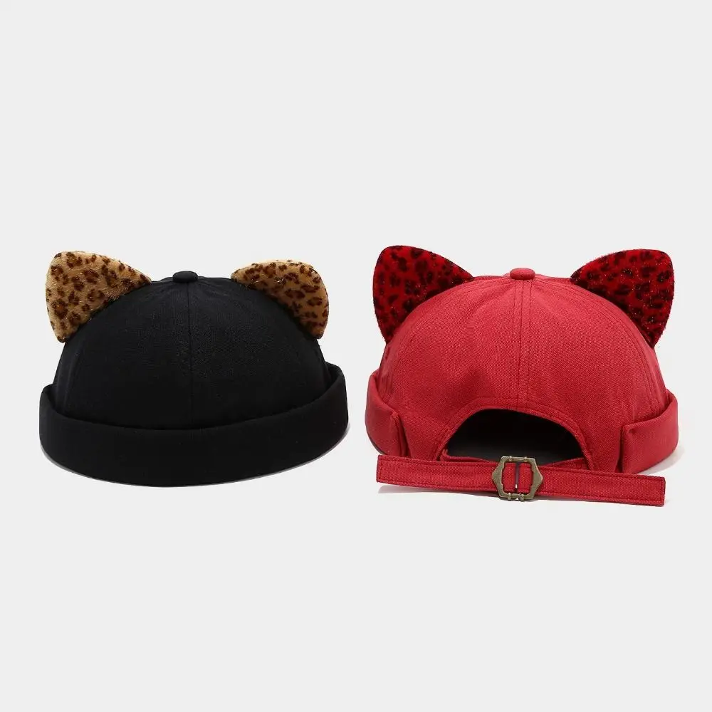 Sweet Leopard Print Cat Ears Brimless Hat Adjustable Solid Color Melon Docker Cap Rolled Cuff Retro Skullcap Outdoor