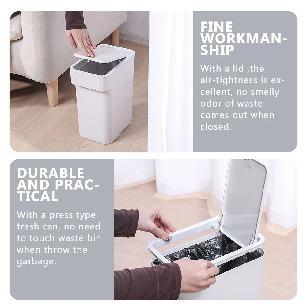 

Push-Type Trash Bin Plastic Dust Basket Kitchen Bathroom Office Use with Lid Airtight Odor Proof Garbage Container