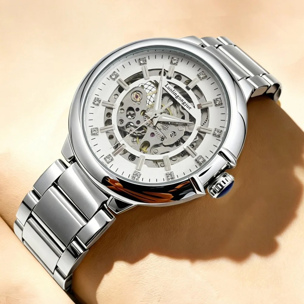 New High-End Fully Automatic Mechanical Watch for Men, with a Hollow Design, Waterproof Steel Band, Light Luxury, Fashionable, Business Casual, Versatile, Trendy Men's Wristwatch, Suitable for Wearing in Various Occasions