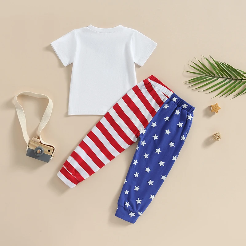 4th of July Infant Outfit Set with Patriotic Letter Print T-Shirt and Stars Stripes Pants - Independence Day Baby Clothes