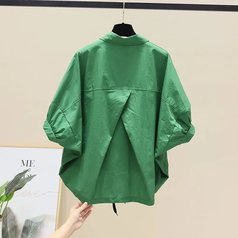 Streetwear Solid Color Stylish Shirring Blouse Casual Batwing Sleeve Summer Loose Lapel Female Pockets Single-breasted Shirt New