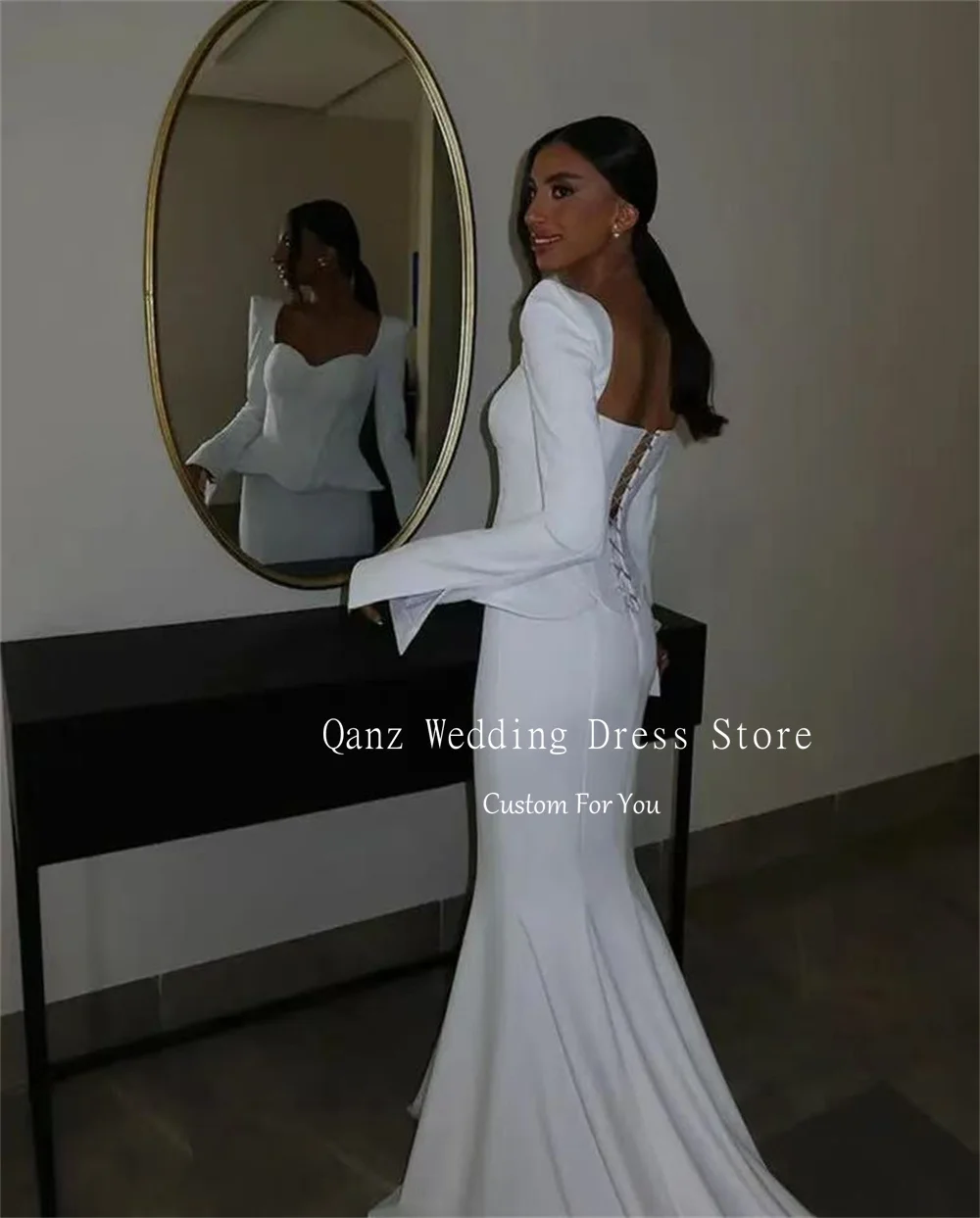 Qanz White Sheath Wedding Dresses Sweetheart Satin Long Sleeves Vestidos De Novia Boda Mermaid Corset Bridal Gowns Customized image 2