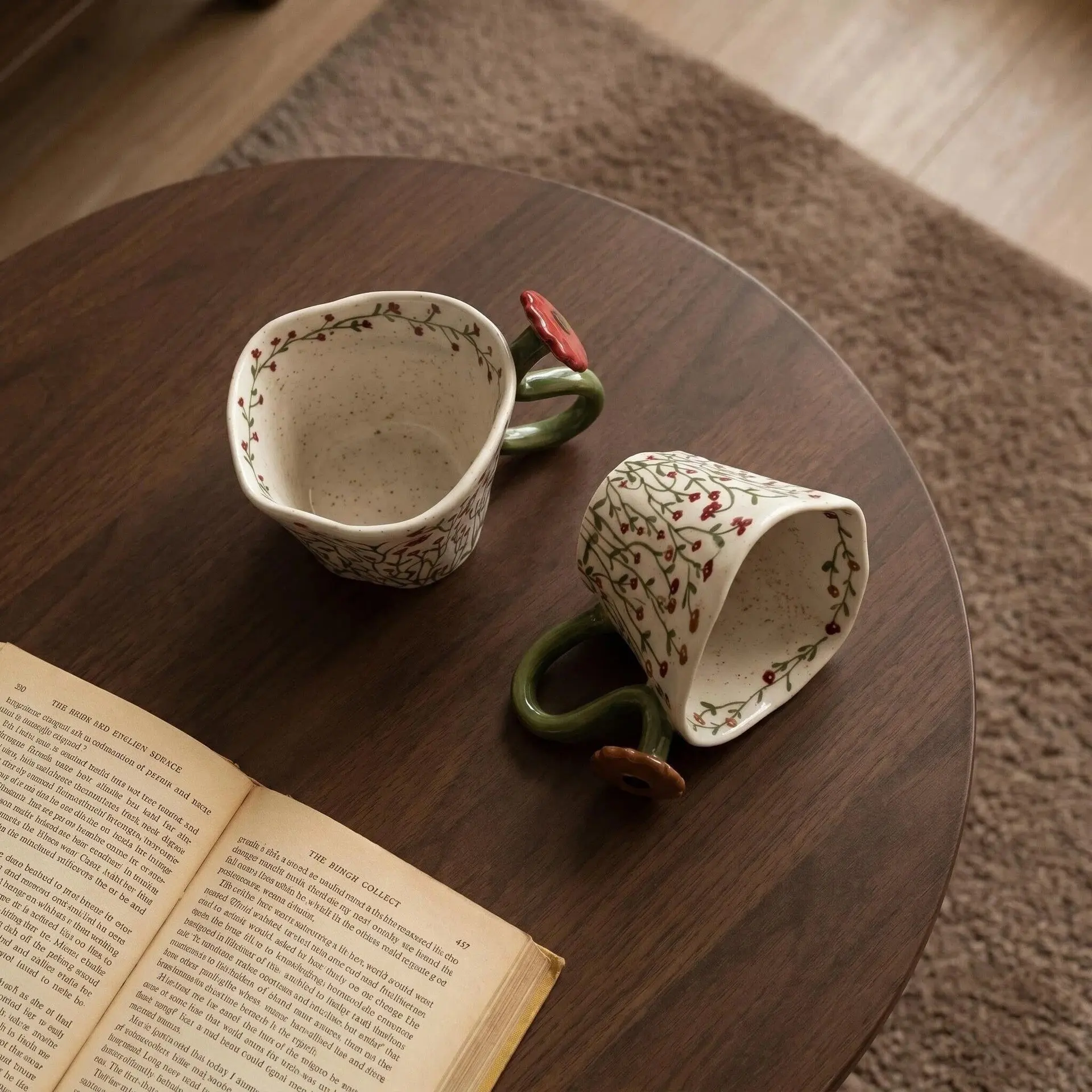 HYS retro style kiln change flower handle coffee cup household flower ceramic cup large capacity couple water cup mug