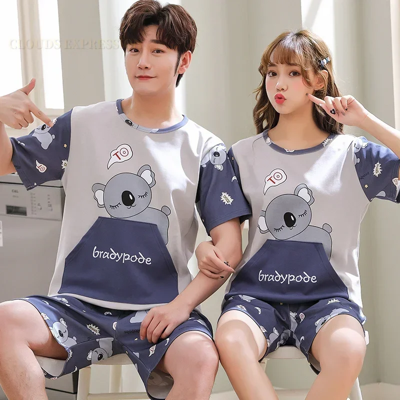 Summer New Knitted Cotton Couple Cartoon Men\'s Pyjamas Red Pajamas Set Casual Male Sleepwear Pyjamas Night Pijamas 3XL Homewear