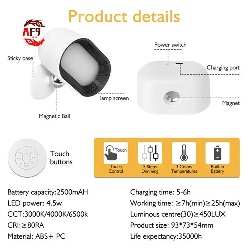 AF90-LED مصباح حائط قابل لإعادة الشحن 360 °   مصباح قابل للدوران 5 مستويات سطوع RGB ضوء ليلي يعمل باللمس وجهاز التحكم عن بعد