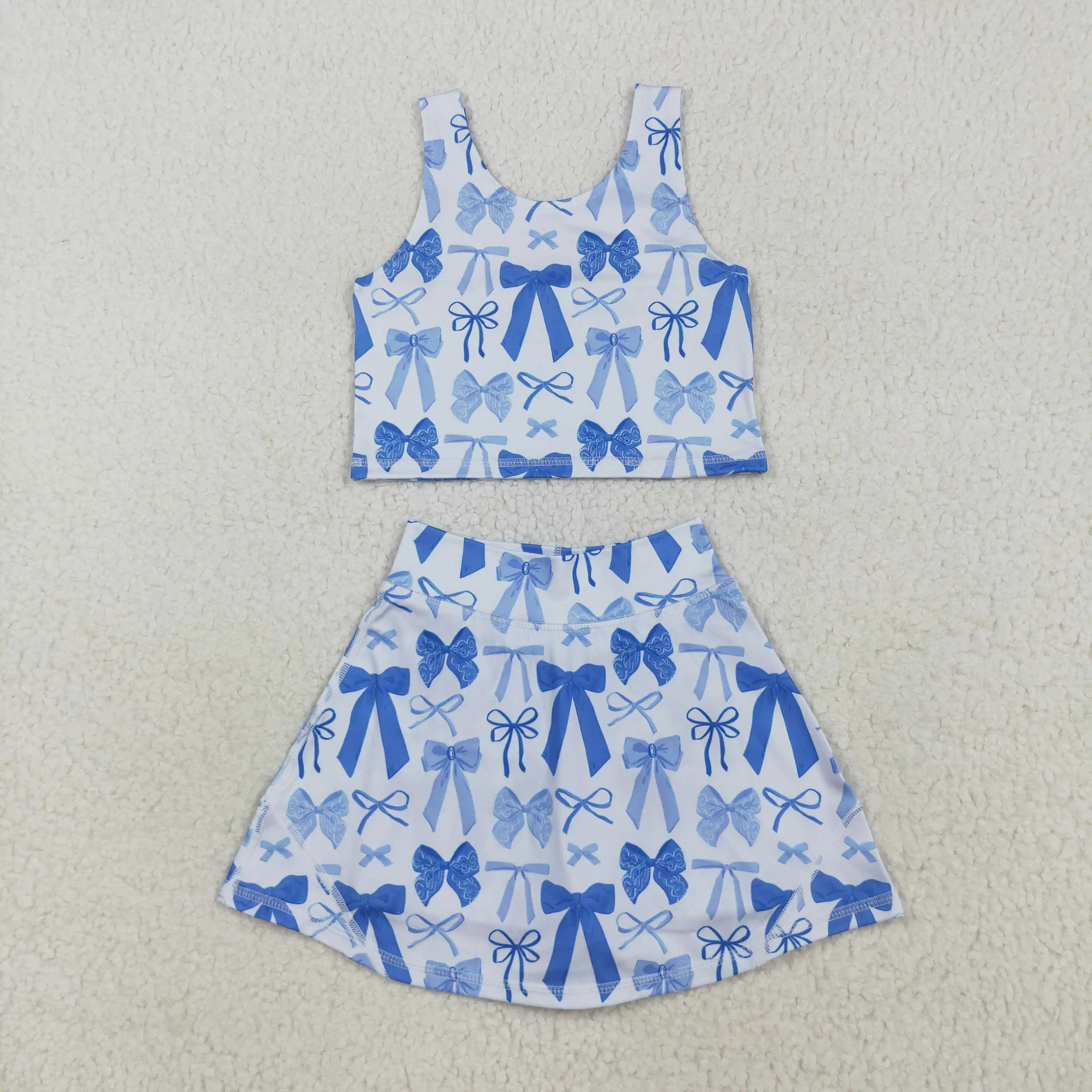 Kids Athletic Yoga Active Wear Skort Set Baby Girl Toddler Infant Sleeveless Vest Tops with Pockets Short Skirts Blue Bow Outfit