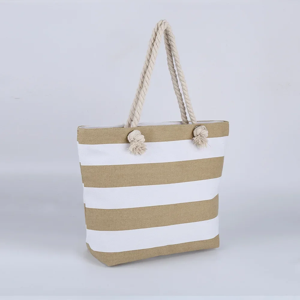 Women Naval Blue Big Stripe Shoulder Handbags Shopping Bag Holiday Handbag New Fashion Canvas Bag Rough Twine Striped Beach Bag