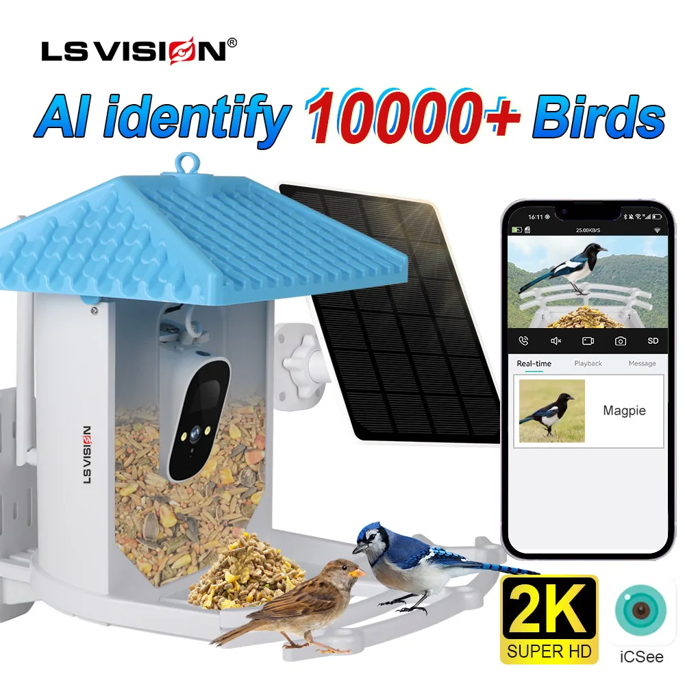 LS VISION 2K Smart Bird Feeder Camera with Solar Panel 4MP WiFi Battery Wireless Outdoor AI Intelligent Recognition Bird Species