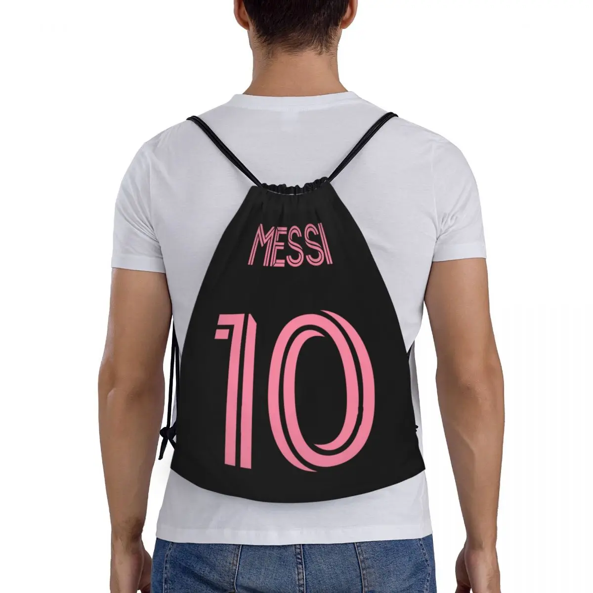 Mochila de almacenamiento con cordón para hombre y mujer, bolso de fútbol Rosa personalizado, Messi 10, ligero, para deportes de fútbol y gimnasio