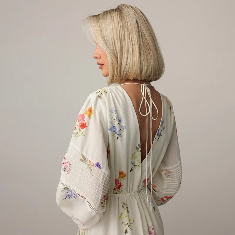 Sweet Floral Printed Backless Maxi Dress For Women Lantern Sleeve High Waist Long Robes 2025 New Lady Summer Vacation Dresses image 5