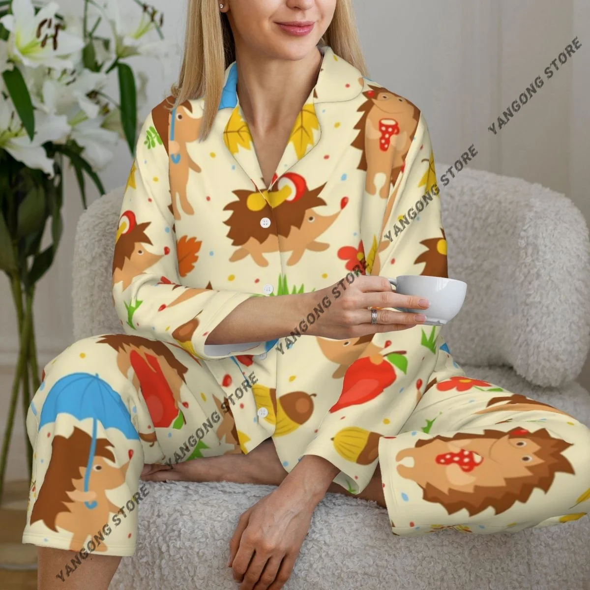 

Весенне-осенний пижамный комплект, женские брюки с длинными рукавами, комплект из двух предметов, милые ежи, иллюстрация, комплект для домашнего интерьера