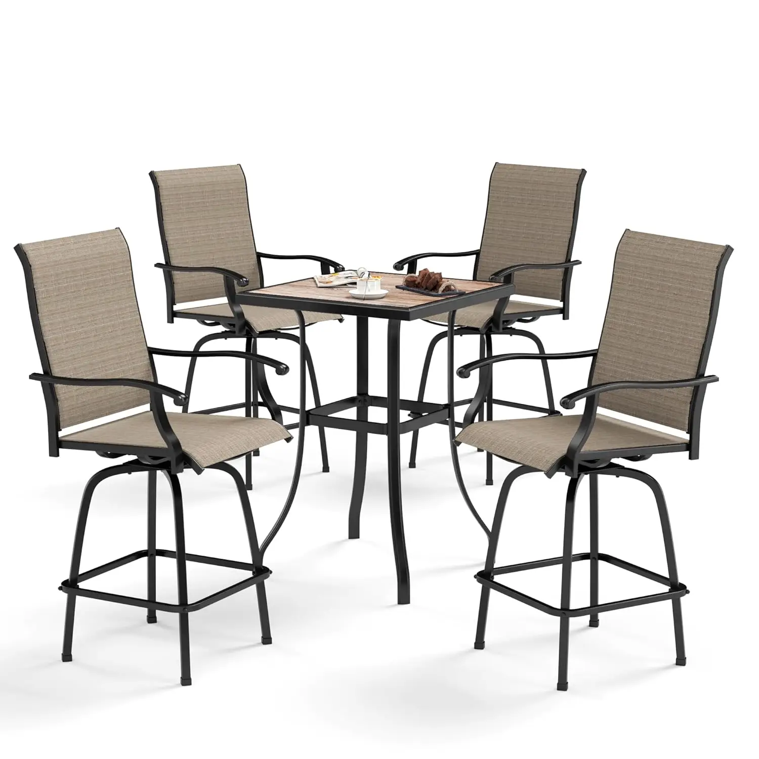 

Outdoor Bar Table Set Swivel Chairs Wood-Like Top Patio Garden 5 Piece Bar Height Brown Custom