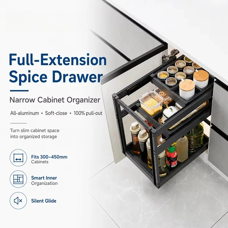 Kitchen Cabinet Pull Basket Black Spice Rack Organizer Multi-Function Pull Out Storage Drawer Basket