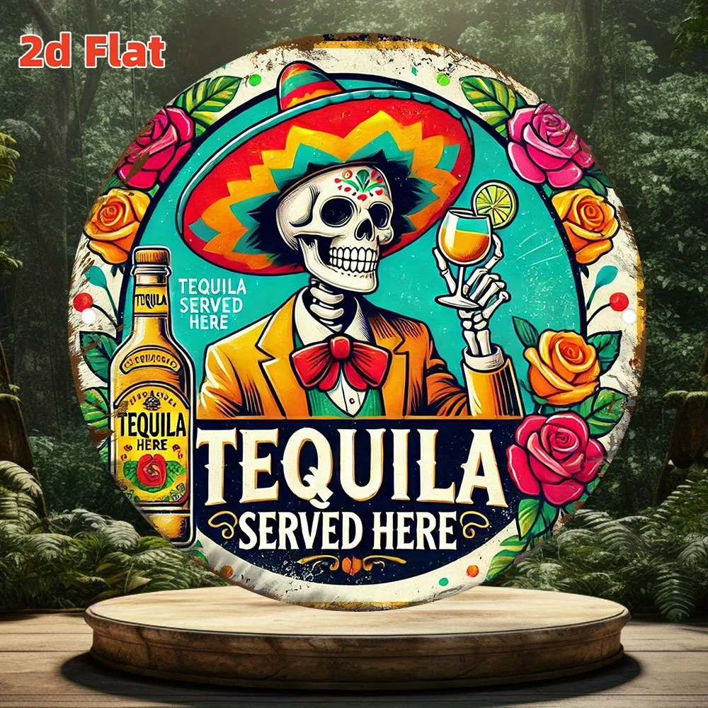 2D Flat - 1pc 2D Flat Metal Signage Featuring a Vintage Mexican Skull And Tequila Scene. This And Dustproof Wall Art, Designed w