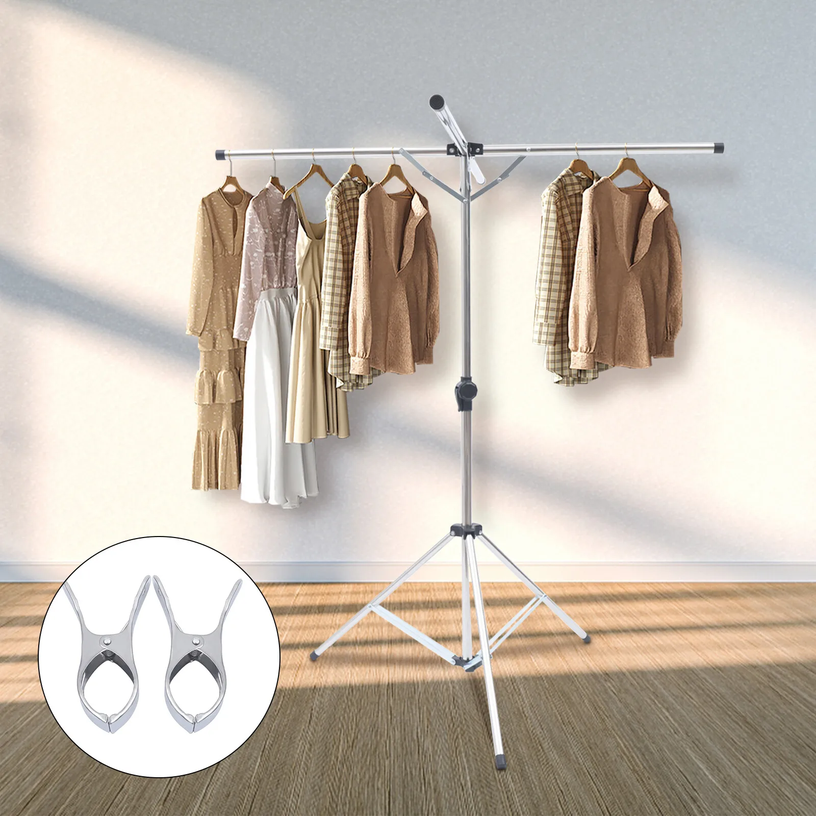 

Folding Clothes Drying Rack Silver Metal Laundry Rack X-Shaped Drying Rack with 10X Windproof Hooks for Rooms Balcony