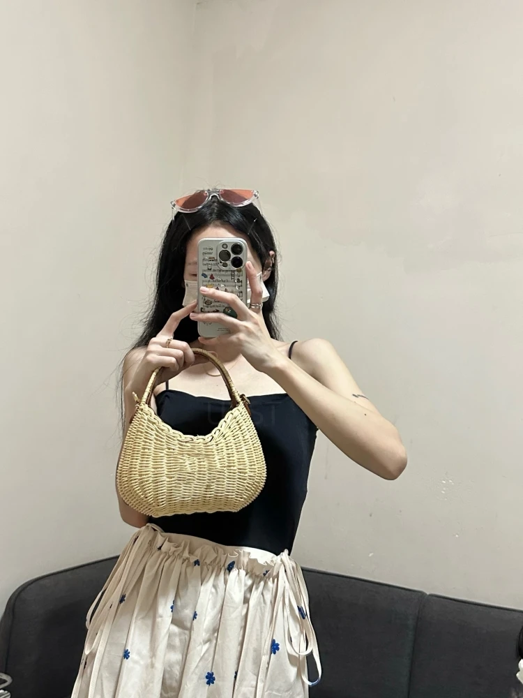 UXST Rattan Woven Basket Bag Beach Holiday Hollow Out Letter Straw Bag Summer INS Popular Handbag Handmade Plaited Crossbody Bag