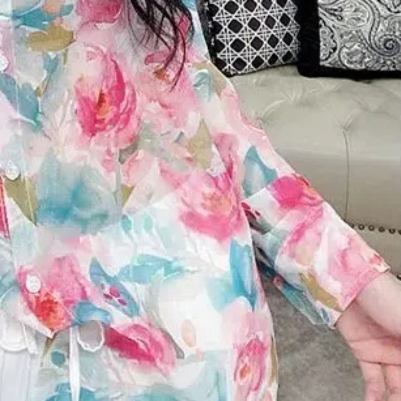 2024 Summer Women's Casual Fashion Elegant Commuter Lapel Printed Button Loose Chiffon Shirt Slimming Long sleeved Top