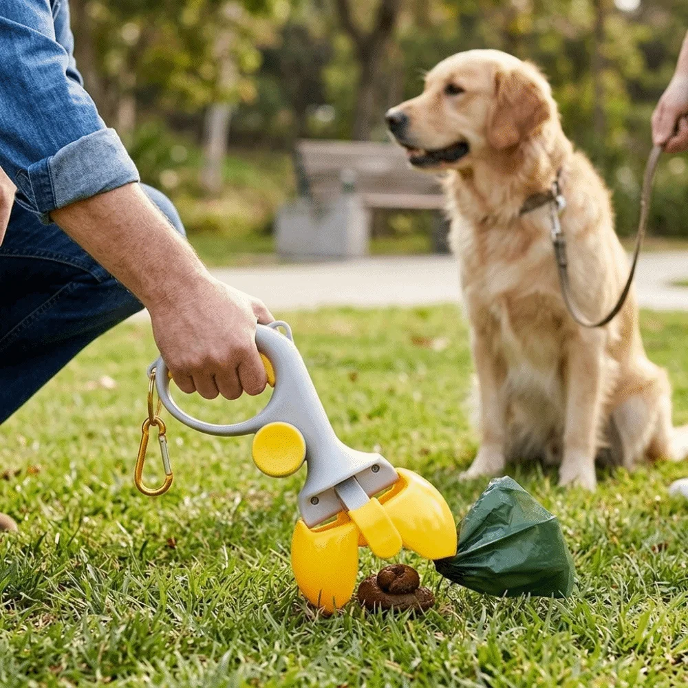 Polymer Dog Poop Picker Hand held Structure Built in Poop Bag Storage Pet Poop Clip Spring Operated Clamp Yellow