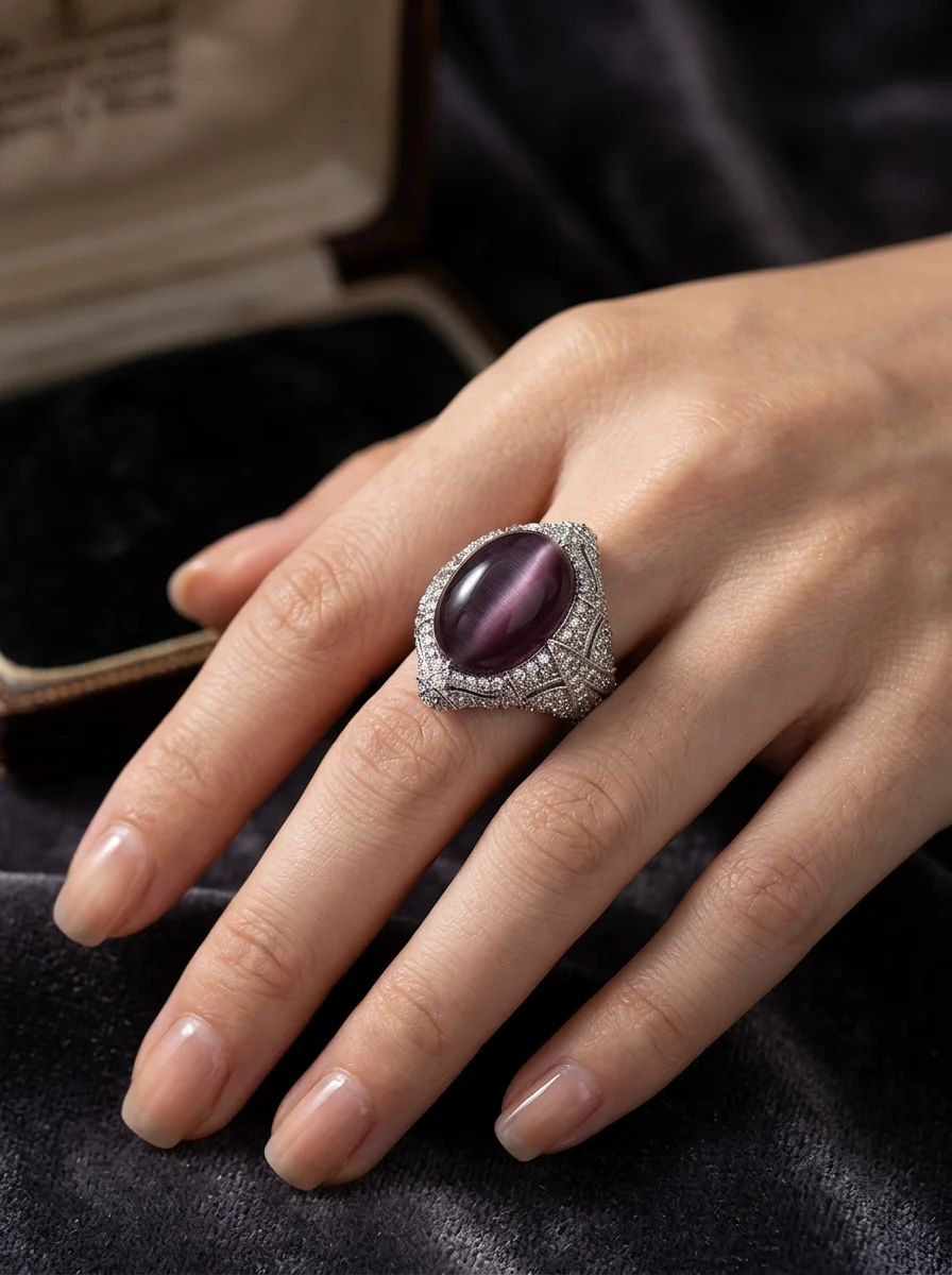 Vintage Palace Style Large Purple Cat's Eye Ring, Filigree Hollow Full Crystal Design Statement Ring for Formal Occasions