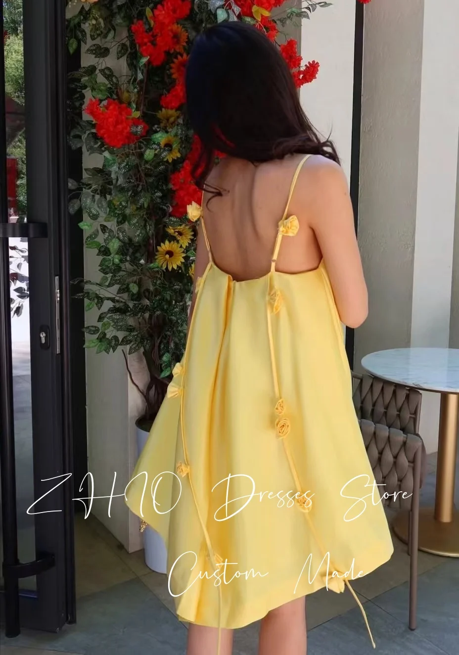 ZHIO Elegant Yellow 3D Flowers Spaghetti Strap Birthday Party Dress A-Line Satin Draped Special Occasion Short Dresses Custom