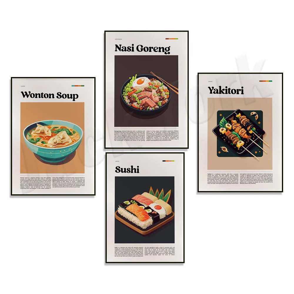 Japanese Sushi Bento, Yakitori Japanese Food, Wonton Soup Chinese Food, Nasi Goreng Indonesian Food Poster, Kitchen Decoration