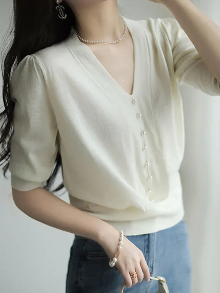 ニットウェア新しいビーズ V ネックニットセーター女性プルオーバー半袖ニットセータープルオーバー女性トップスセーター Feminino G17