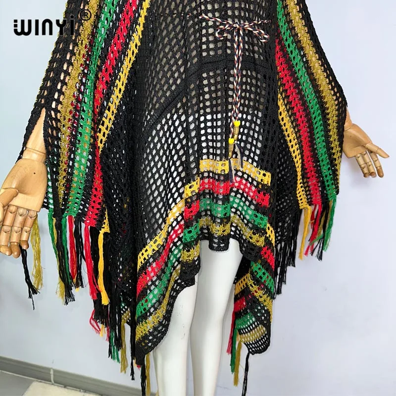 WINYI new summer Rainbow printed openwork sexy beach knit tassels dress Bikini Cover-up Women Beachwear Swimsuit Cover Up dress