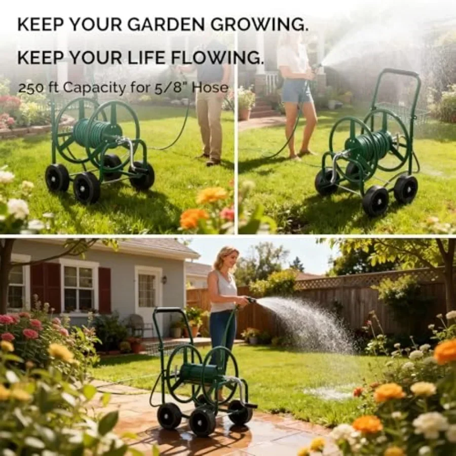 4-Wheel Garden Hose Reel Cart with Storage Basket, Portable Residential Hose Reel Cart, Lawn Watering, for Garden Backyard and
