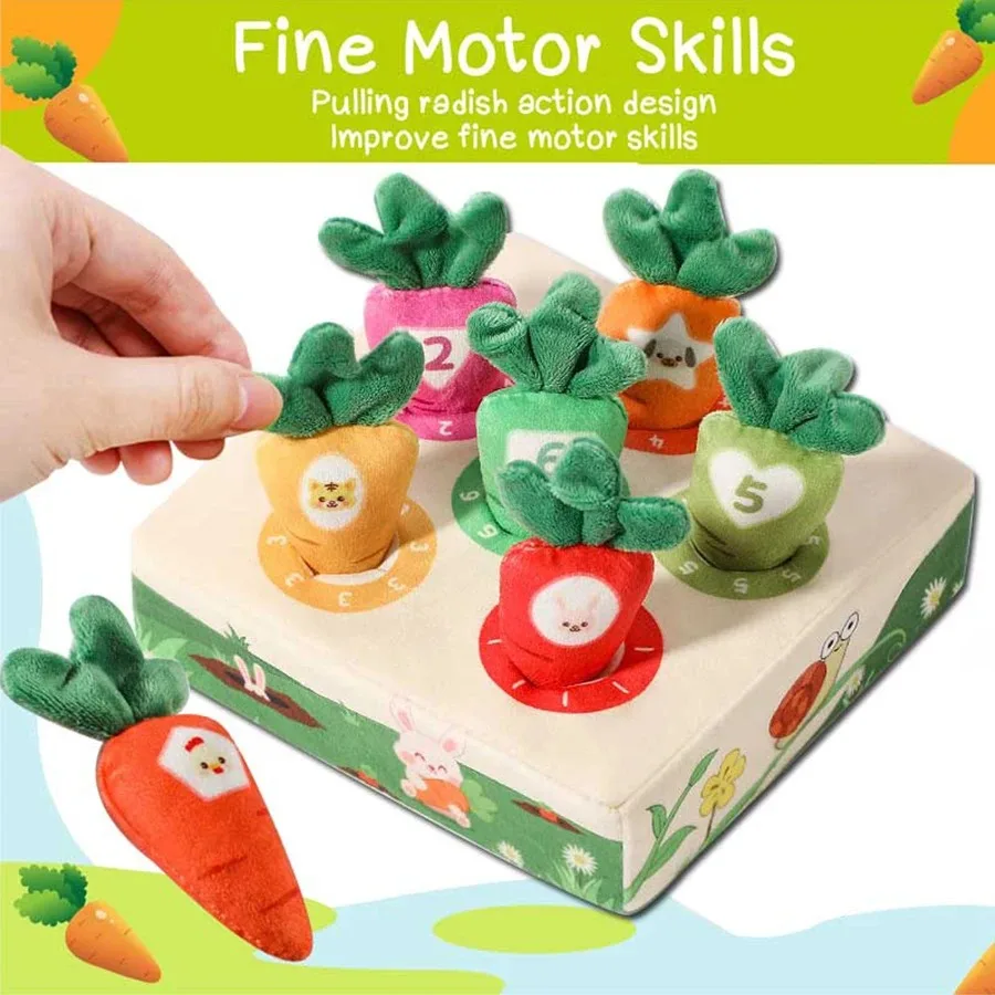 

Montessori Carrot Pull Toddlers Toy Numbers Colors Motor Skills Early Learning Soft Washable Fabric 0-3 Years Birthday Gift